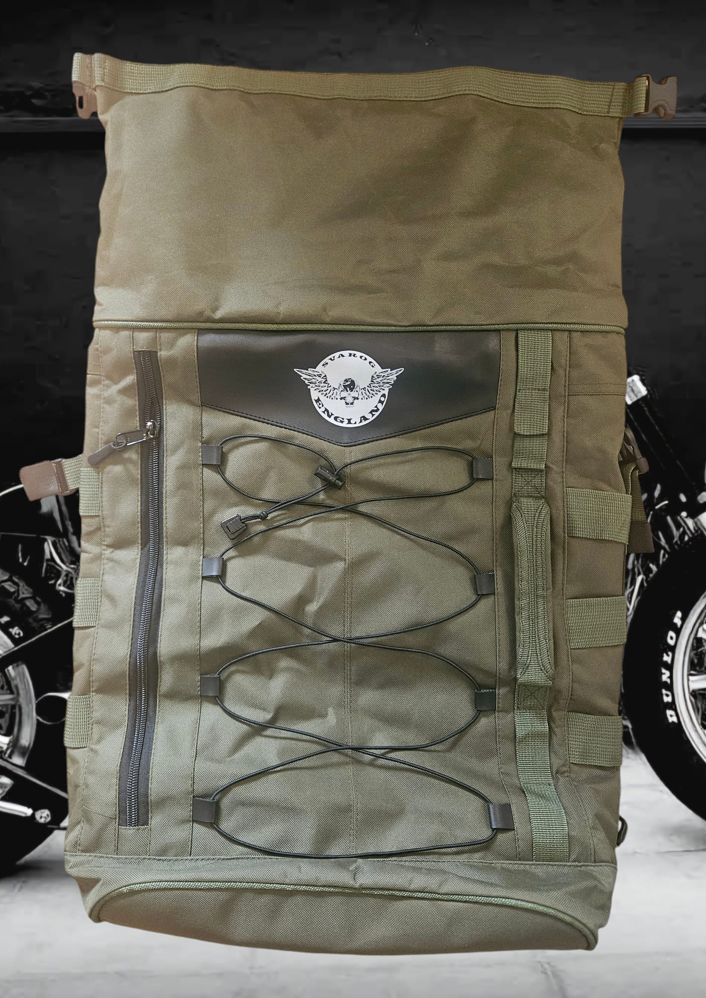 Svarog England Sissybar luggage bag olive and black for chopper / bobber