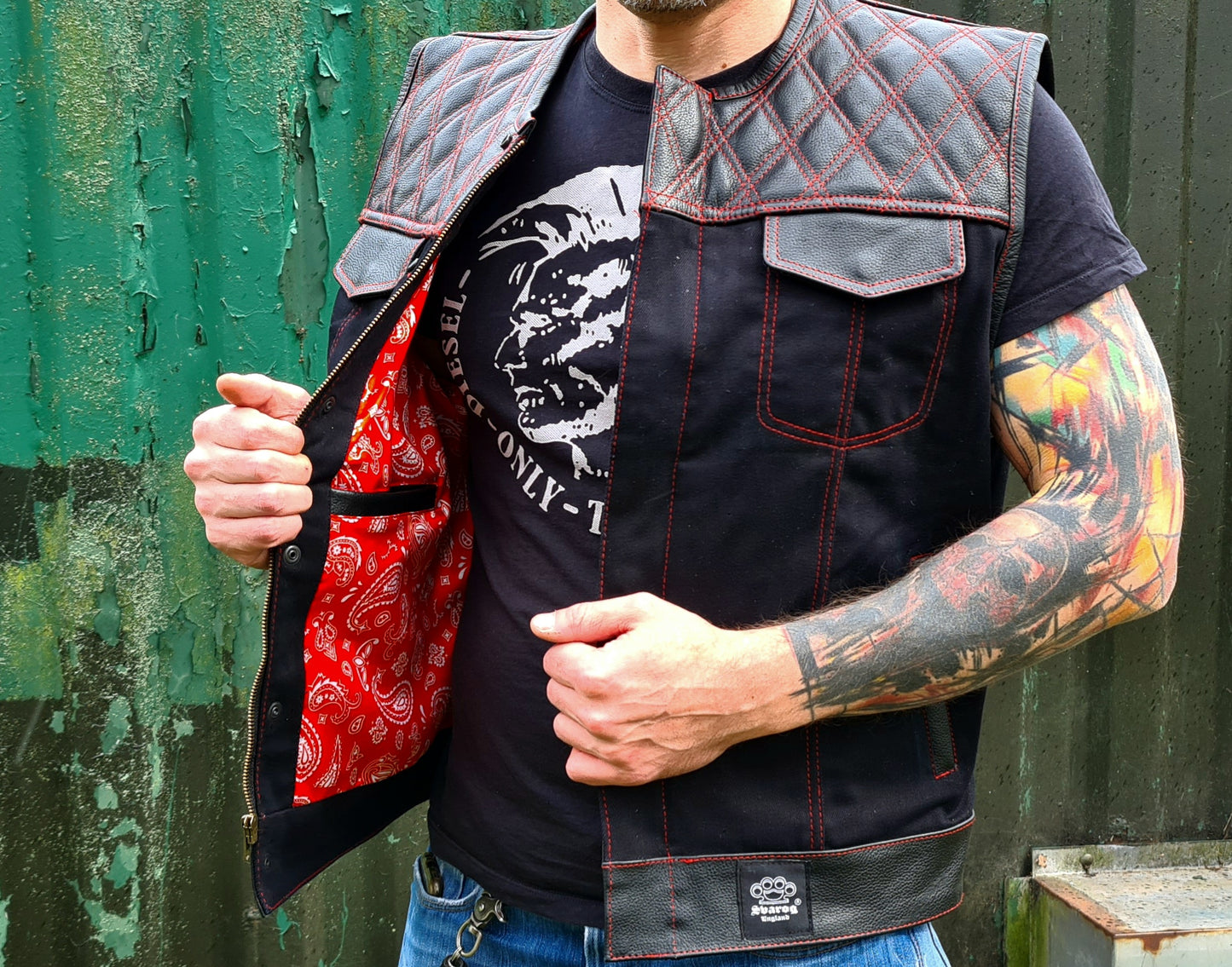 SVAROG England DIAMOND LEATHER/Denim VEST / CUT - Phoenix 212 Clothing