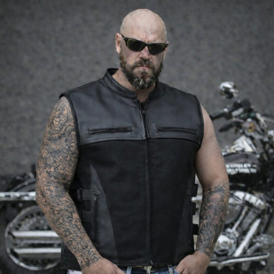 Black Side Buckles Leather & Jeans clubstyle cut / vest  "Gunman" - Phoenix 212 Clothing