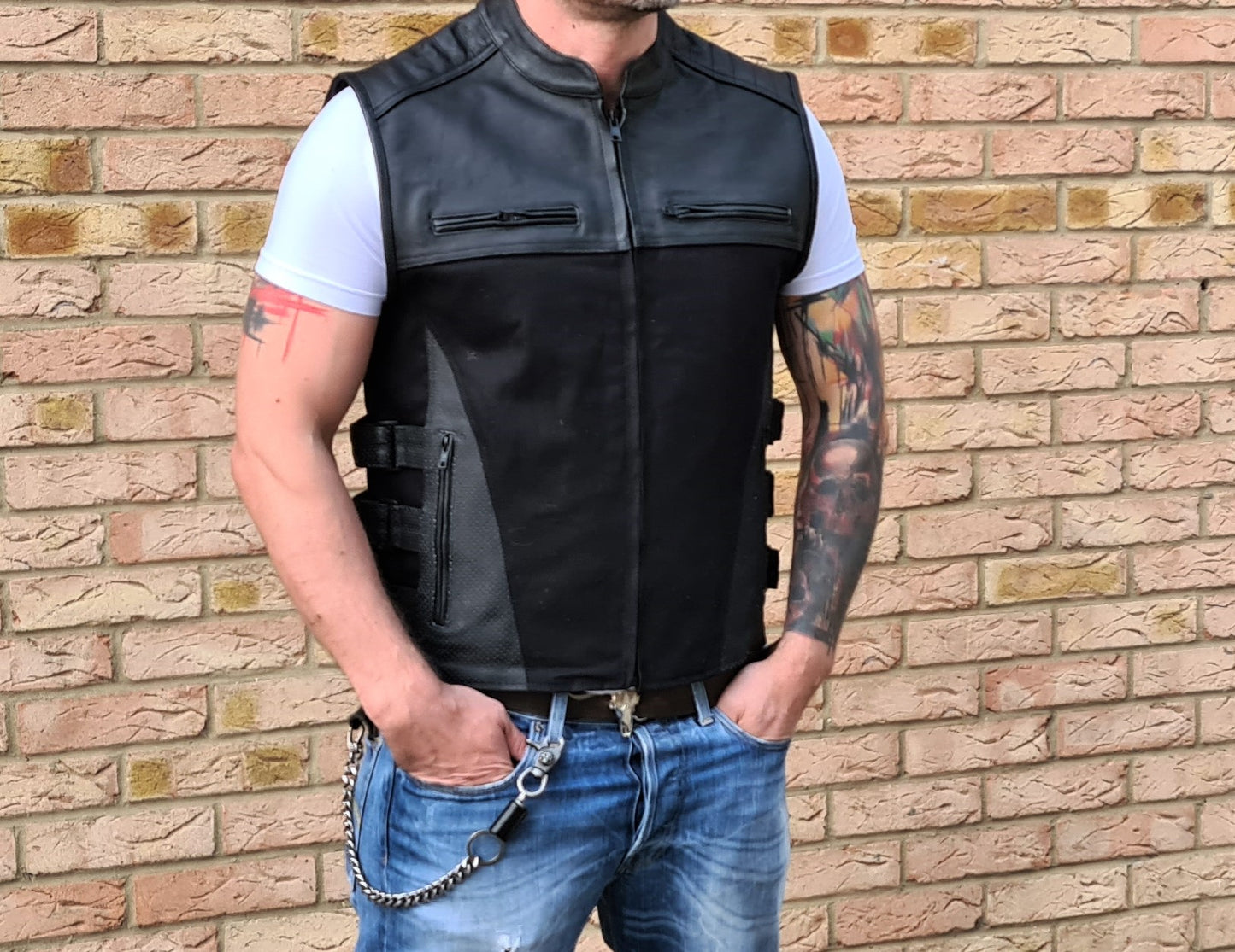 Black Side Buckles Leather & Jeans clubstyle cut / vest  "Gunman"