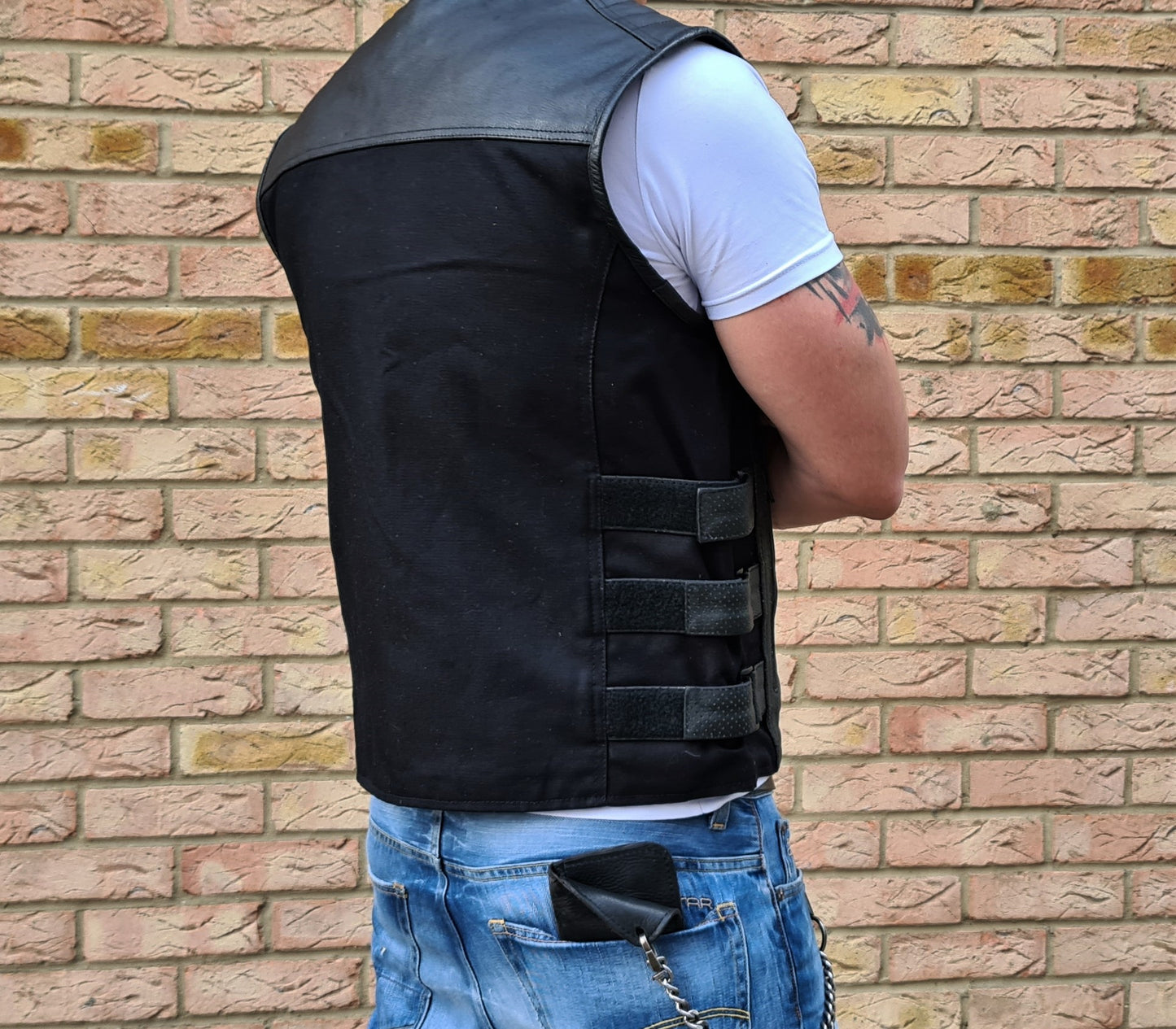 Black Side Buckles Leather & Jeans clubstyle cut / vest  "Gunman"