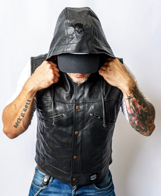 SVAROG Skull Black Leather Cut / Vest with removable hood