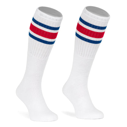 Skatersocks 25 Inch Knee High Tube Socks White / Royal blue and red striped - Phoenix 212 Clothing