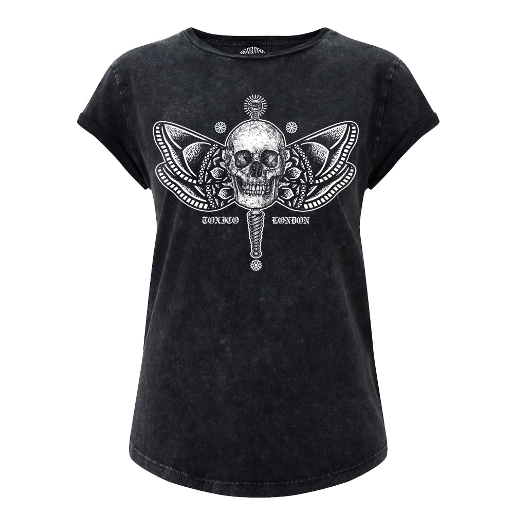 Butterfly Skull Rolled Sleeve Tee - Toxico Clothing