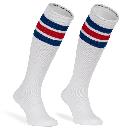 Skatersocks 22 Inch Knee High Tube Socks white / Royal blue and red striped - Phoenix 212 Clothing